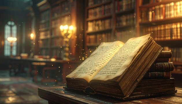 An ancient vellum codex with intricate calligraphy lies open on a wooden table within a historical library setting.