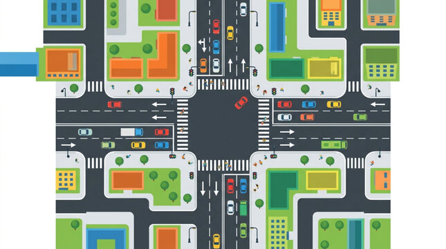 Aerial view of a busy city intersection with traffic and buildings.