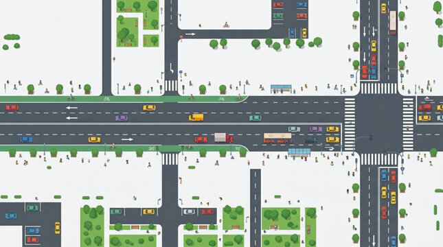 Aerial view of a busy city intersection with traffic and buildings.