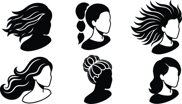 Black and white set of six female hairstyle silhouettes in profile and three quarter views