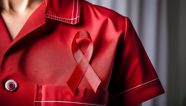 red ribbon awareness pinned on red nurse uniform lapel conveying support and compassion