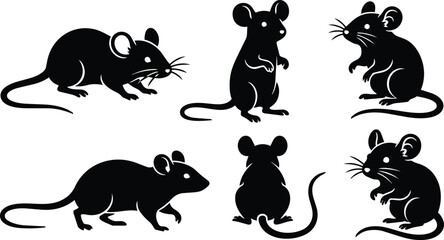 Obraz premium Black silhouette mice set six poses showing side profile rear and upright views in black and white vector art