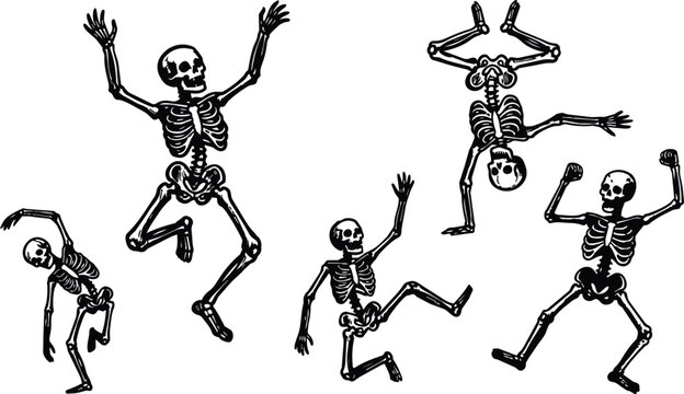 Vector art dancing skeletons five black and white comic line drawings energetic poses