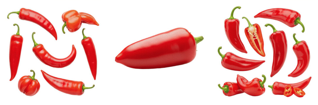 Single Fresh Red Jalapeno Chilli Pepper Placed Horizontally Isolated on White Background for Hot Spicy Food Seasoning and Flavor Product Mockups
