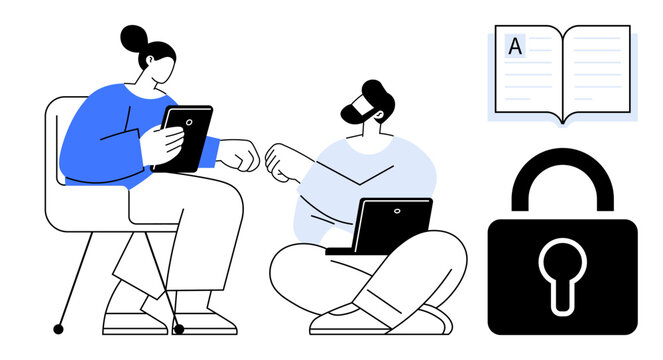 Team collaboration, data security, education, remote work, digital tools, technology integration. Two people using tablets, a book and a padlock symbol. Team collaboration and data security concept