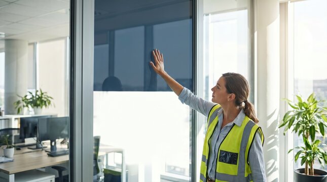 Female office worker testing and adjusting modern smart tinting glass windows