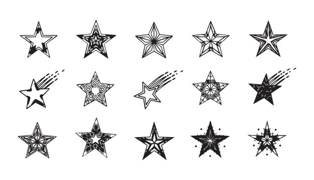 Set of black star graphics featuring swirling patterns and comet effects for creative design works.