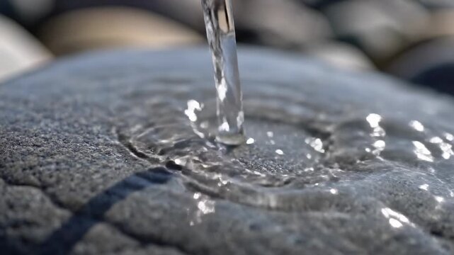 Close-up slow motion of water stream falling onto textured surface