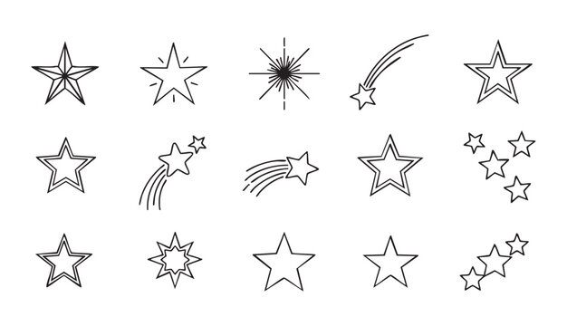 Set of minimalist black star outline icons isolated on transparent background for logo and design.