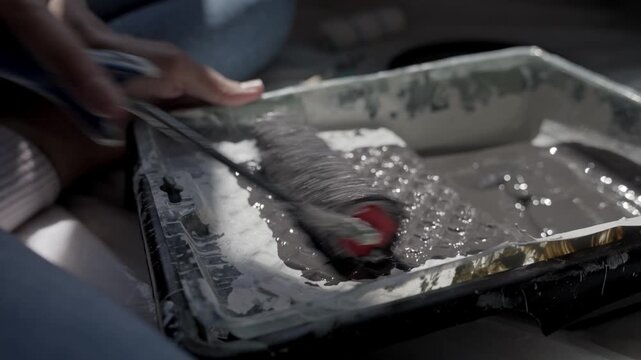 Closeup of hand rolling paint roller through tray with dark paint