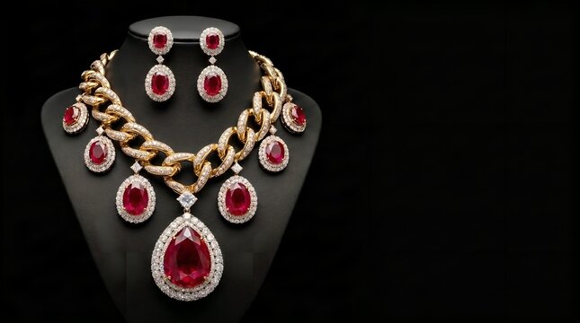 Ruby Diamond Jewelry Display On Black Background