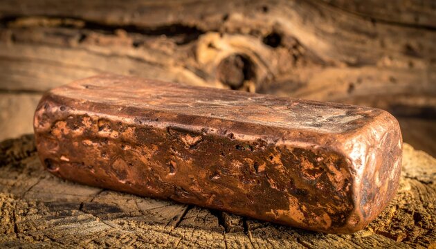 Heavy Unrefined Copper Ingot Resting on a Rough Cut Timber Surface Denoting Industrial Material