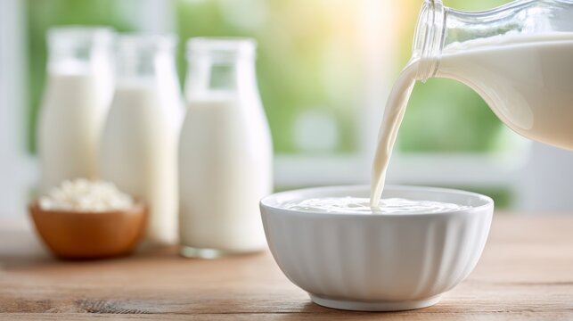 Creamy Milk Poured into a Bowl with Bottles in the Background, Showcasing the Freshness and Nutritional Value of Dairy Products