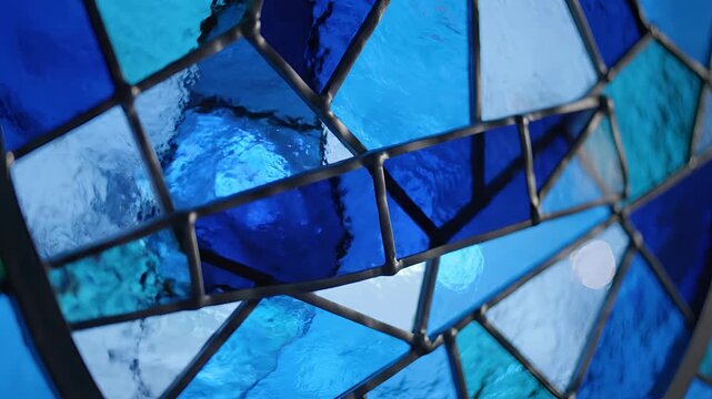 Abstract Blue Stained Glass Window Pattern Close Up.