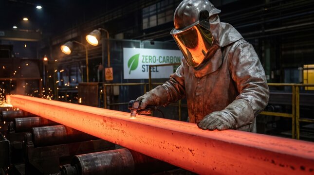 Industrial foundry worker in protective silver gear scanning a glowing hot metal beam labeled zero carbon steel