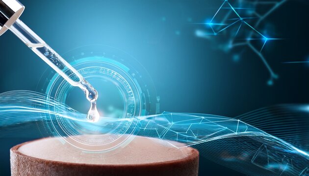 futuristic dropper applying liquid on skin with digital interface biotechnology in dermatology innovative skincare product demonstration beauty product promotion rejuvenation glow up
