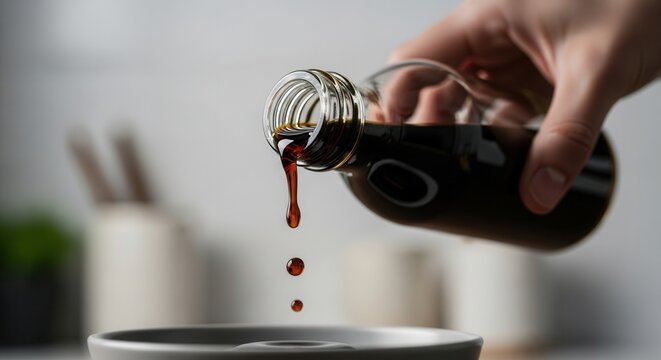 Pouring Dark Liquid From Bottle Into Bowl