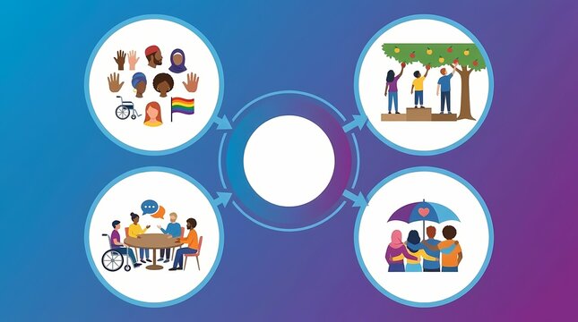 Diversity, Equity, Inclusion, and Belonging (DEIB) infographic showing icons for community, equal opportunity, and multicultural teamwork.