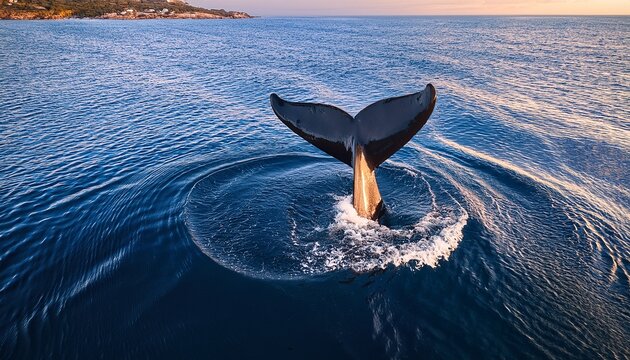 rare aerial view of the tail of a diving whale