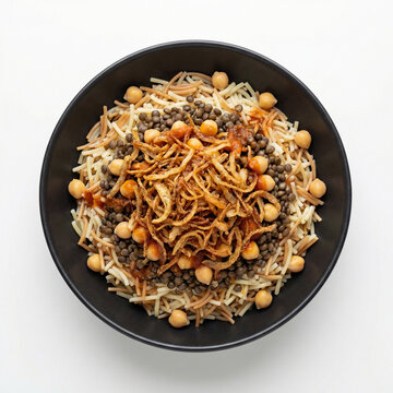 Koshary traditional Egyptian food bowl with lentils rice and chickpeas