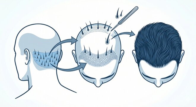 Medical illustration of a hair transplant procedure showing follicle extraction from the donor area and implantation on the scalp.