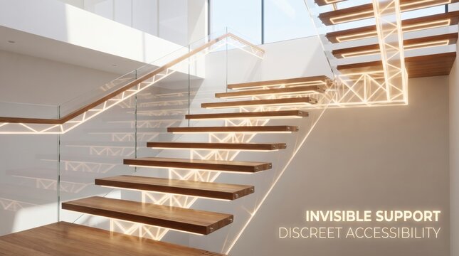 Modern wooden staircase with invisible support glass railings and glowing discreet accessibility lighting