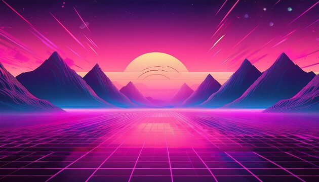 synthwave retro cyberpunk style landscape background banner or wallpaper bright neon pink and purple colors