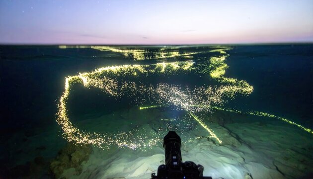 Bioluminescent plankton creating a magical glowing trail in the dark ocean at night