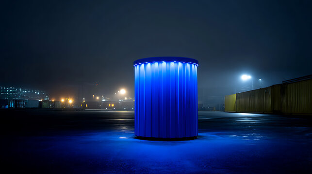 Vibrant Blue Light Cylinder Structure Illuminates Dark Urban Industrial Landscape at Night with Foggy Atmosphere and Distant Lights