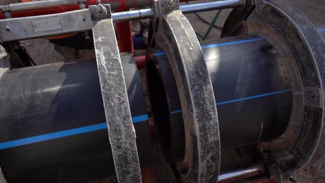 Close-up of an industrial butt fusion machine joining two large black HDPE pipes for a water pipeline. Essential B-roll for civil engineering, plumbing, and water infrastructure construction projects.