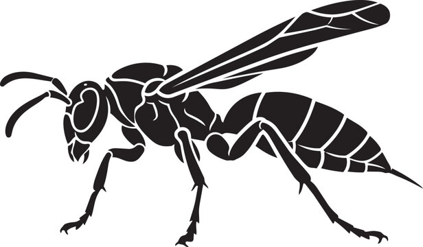 Black silhouette of a wasp a detailed vector illustration of an insect for nature or pest control concepts isolated on white background