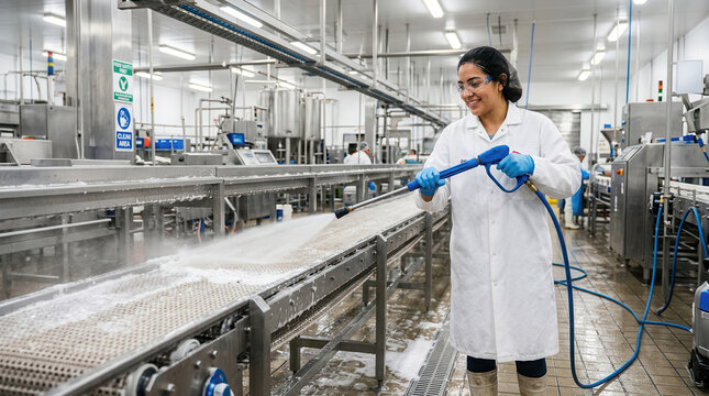 Woman cleaning food factory conveyor belt with pressure washer