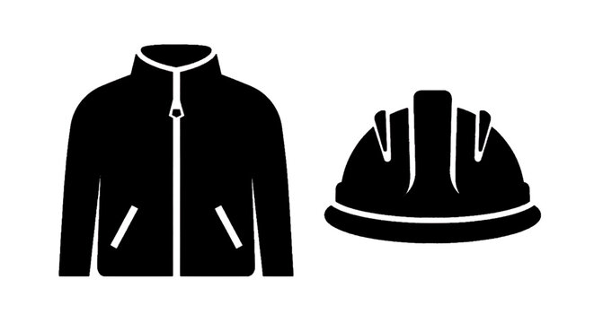 Minimal black silhouette icon, simple flat vector, bold black shape, no, no shading jacket and hard hat safety equipment icons on a, flat icon style