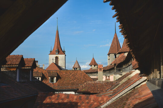 View of Murten city walls and Berntor tower in Switzerland