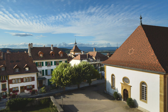 View of Murten Old Town rooftops and German Church in Switzerland