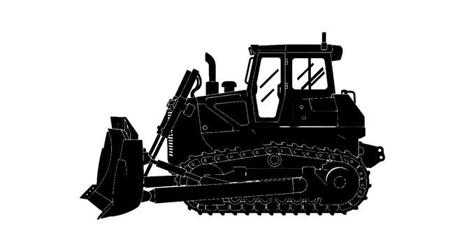 Minimal black silhouette icon, simple flat vector, bold black shape, no, no shading black silhouette of a heavy bulldozer construction vehicle on a, flat icon style