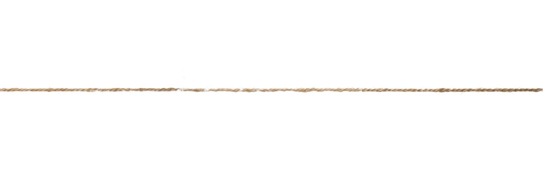 Horizontal Brown Hemp Twine String Line on Isolated White Background, Natural Rustic Jute Rope Cord Divider, Minimalist Craft and Packaging Design Element