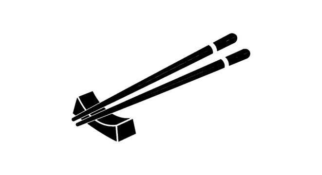Minimal black silhouette icon, simple flat vector, bold black shape, no, no shading black silhouette icon of a pair of chopsticks resting on a chopstick holder on a, flat icon style