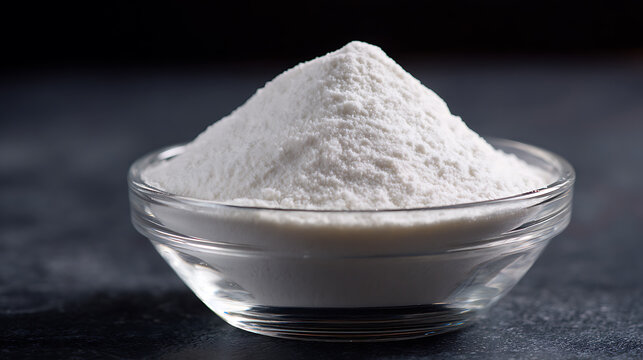A pristine pile of white flour, baking powder, or cornstarch in a clear glass bowl, ready for culinary creation on a dark, textured background