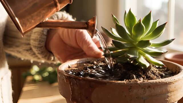Closeup of watering a succulent plant in a terracotta pot on a windowsill.