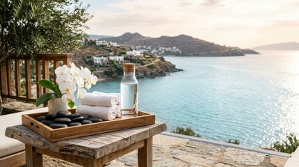 Obraz premium Wooden spa table with orchids towels and sea coast view