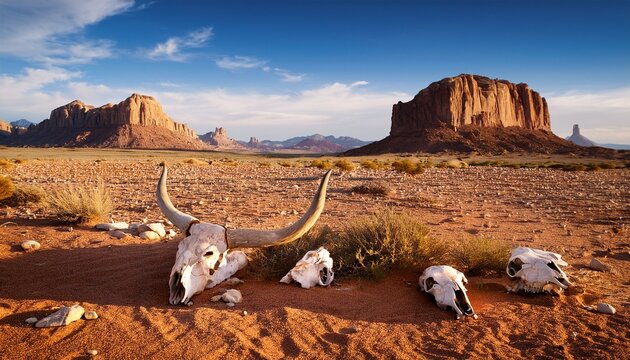 desert landscape with scattered animal skulls and rock formations