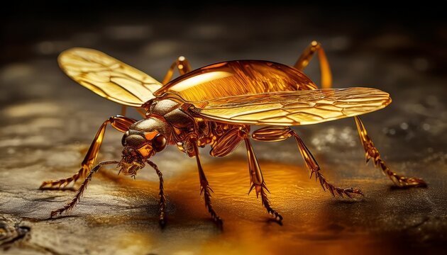 ancient insect preserved in golden amber on textured surface