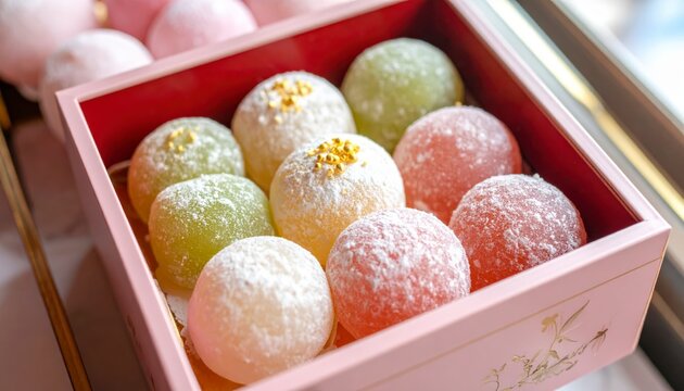 Assorted Mochi Desserts Dusted in White Powdered Sugar Presented in a Decorative Box