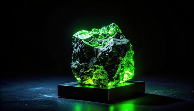 A rough uranium ore sample emitting a vivid green glow under UV light, showcased on a dark display.