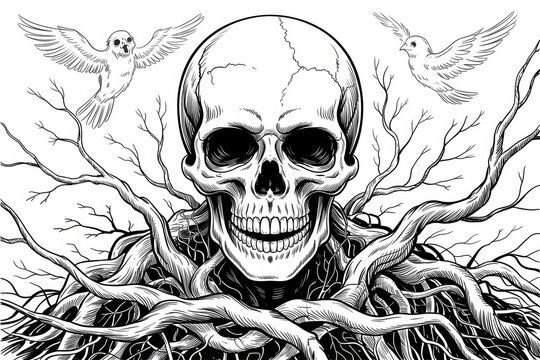 Skull emerging from dark tangled roots illustration