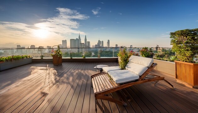 luxurious rooftop terrace with lounge chair and panoramic city skyline urban oasis