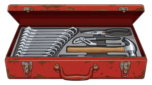 Weathered red metal toolbox with assorted hand tools inside