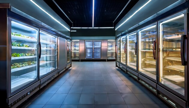 empty commercial display refrigerator with illuminated shelves and glass doors showcasing a clean interior space