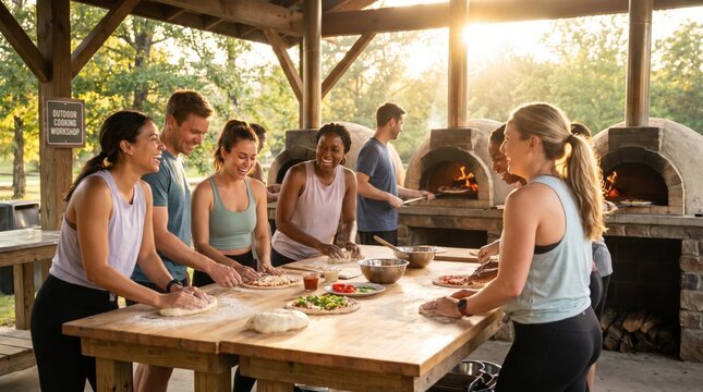 Group of happy diverse friends making pizza together at an outdoor cooking workshop